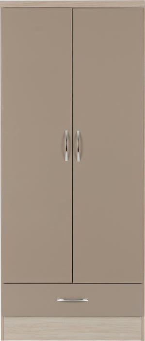 Nevada 2 Door 1 Drawer Wardrobe Oyster Gloss/Light Oak Effect Veneer
