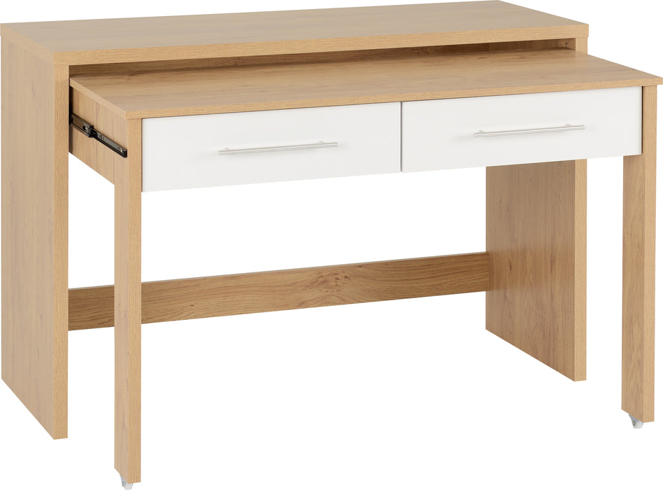 Seville 2 Drawer Slider Desk White High Gloss/Light Oak Effect Veneer