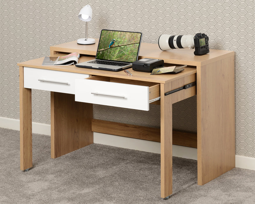 Seville 2 Drawer Slider Desk White High Gloss/Light Oak Effect Veneer